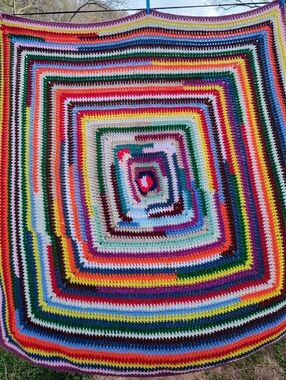 Vintage Crocheted Granny Square Afghan Blanket 50x50 Neon Rainbow Hippie Bohemia